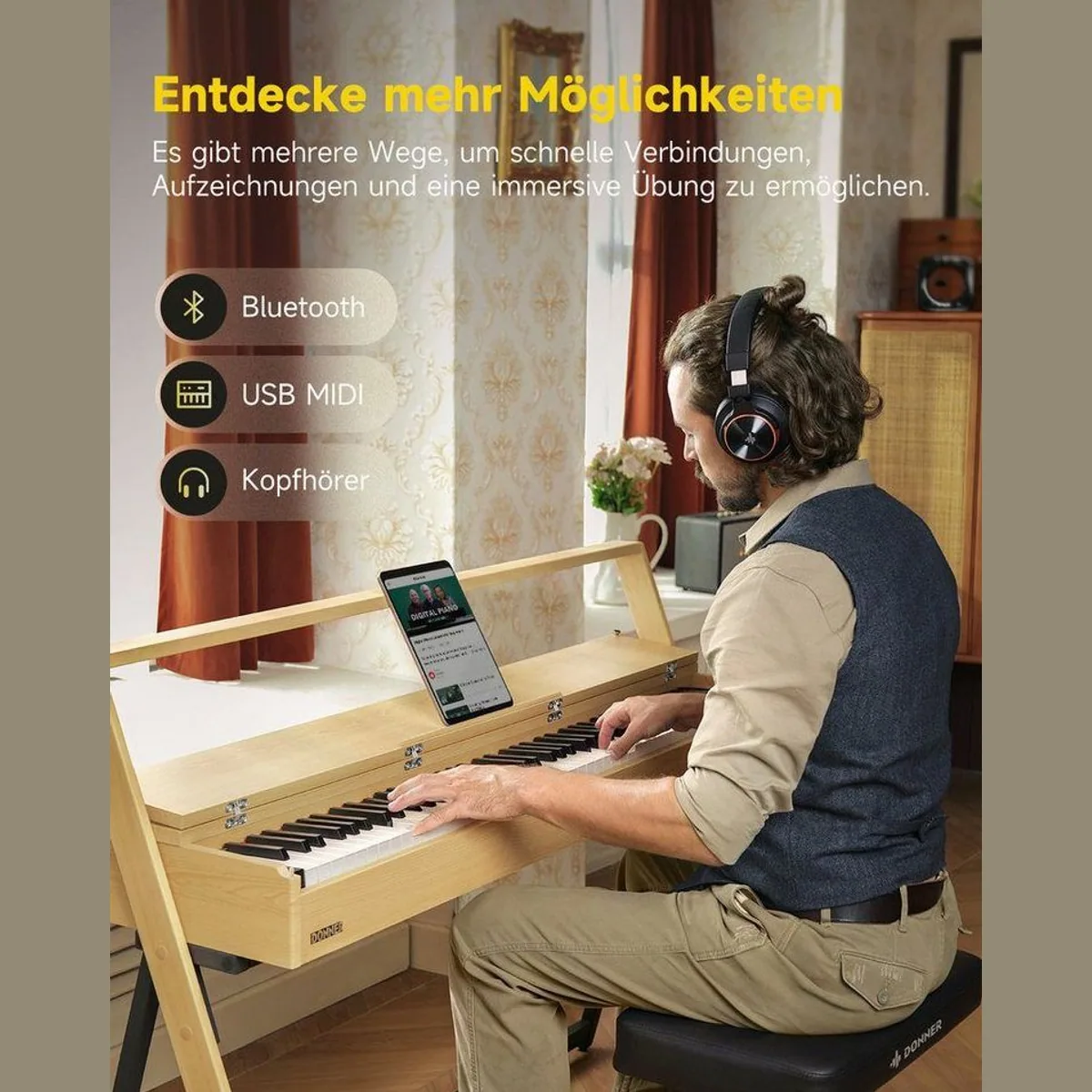 Donner R300 Digitalpiano, 88 gewichtete Tasten, Dual-Bluetooth, 3-Pedal-Funktion 4