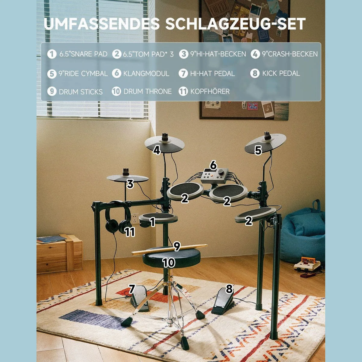 Donner DED-200 E-Schlagzeug, 450 Sounds, umfassendes Zubehör 3