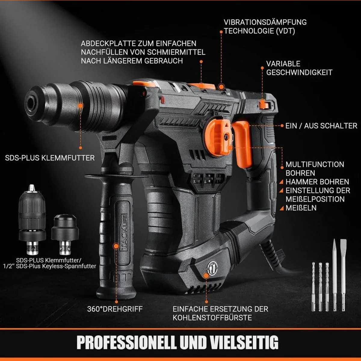 DOVAMAN Bohrhammer SDS-Plus, 4 in 1 Funktionen, 1500W Leistung, 7J Schlagenergie 2