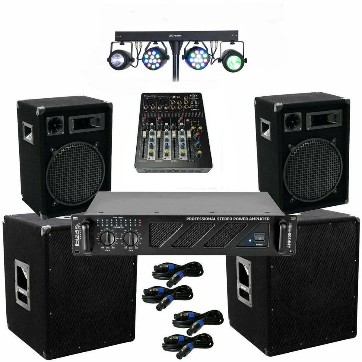 DSX PA Musik Anlage, 3-Wege-Lautsprecher mit 38 cm Subwoofer, LED Effektlicht