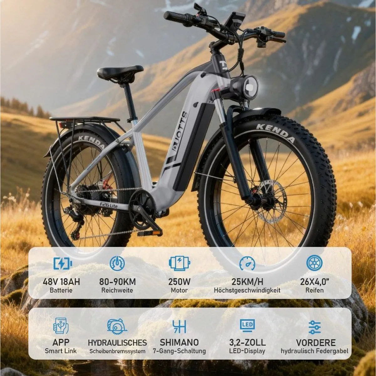 DUOTTS F26lite Pedelec, 100 km Reichweite, 250 W Motor, 7-Gang Shimano Schaltung 4