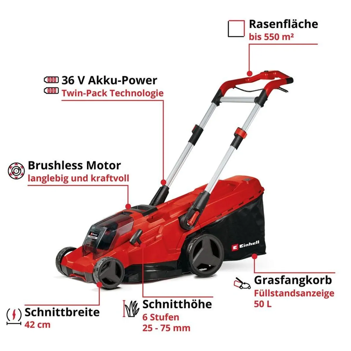 Einhell RASARRO 36/42, kraftvoller Brushless Motor, 42 cm Schnittbreite — ideal für Rasenflächen bis 500 m² 2