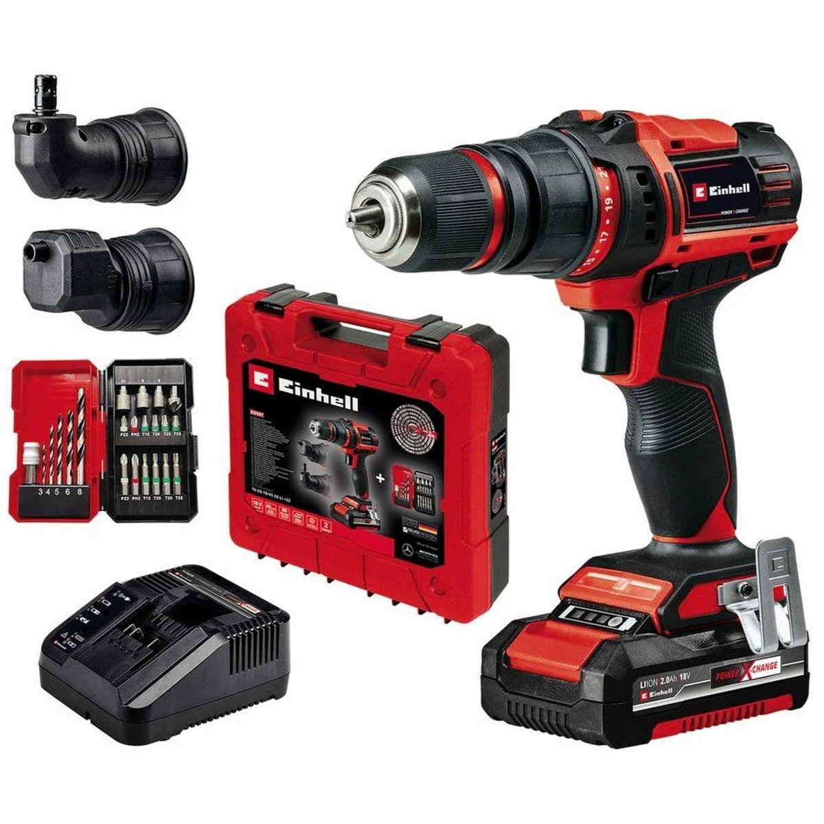 Einhell TE-CD 18/45 3X-Li Akku-Bohrschrauber, 2-Gang-Getriebe, LED-Beleuchtung — inkl. Akku und Zubehör