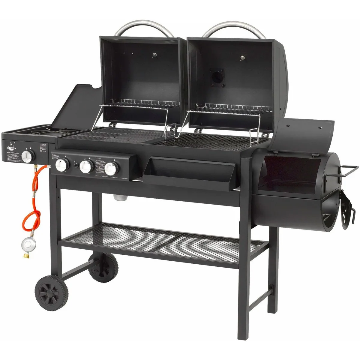 El Fuego Sierra Gas- und Holzkohlegrill, 3-in-1 Funktionalität — Edelstahl-Brenner, großzügige Grillfläche, gusseiserne Grillroste 3