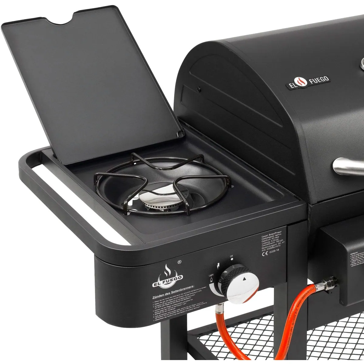 El Fuego Sierra Gas- und Holzkohlegrill, 3-in-1 Funktionalität — Edelstahl-Brenner, großzügige Grillfläche, gusseiserne Grillroste 4