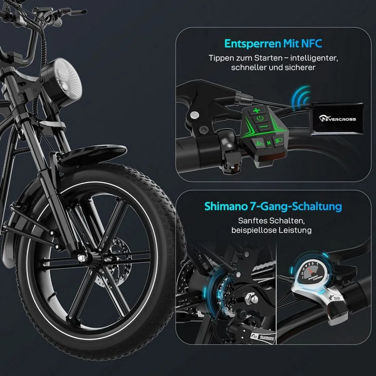 EVERCROSS TECH E-Bike 20” x 4,0, Hochleistungsakku, Shimano 7-Gang-Schaltung, NFC-Technologie 2