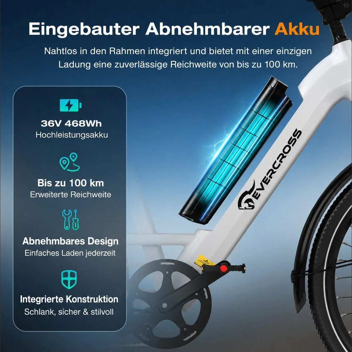 EVERCROSS TECH EK25 E-Bike, 100 km Reichweite, Drehmomentsensor, 7-Gang Shimano 3