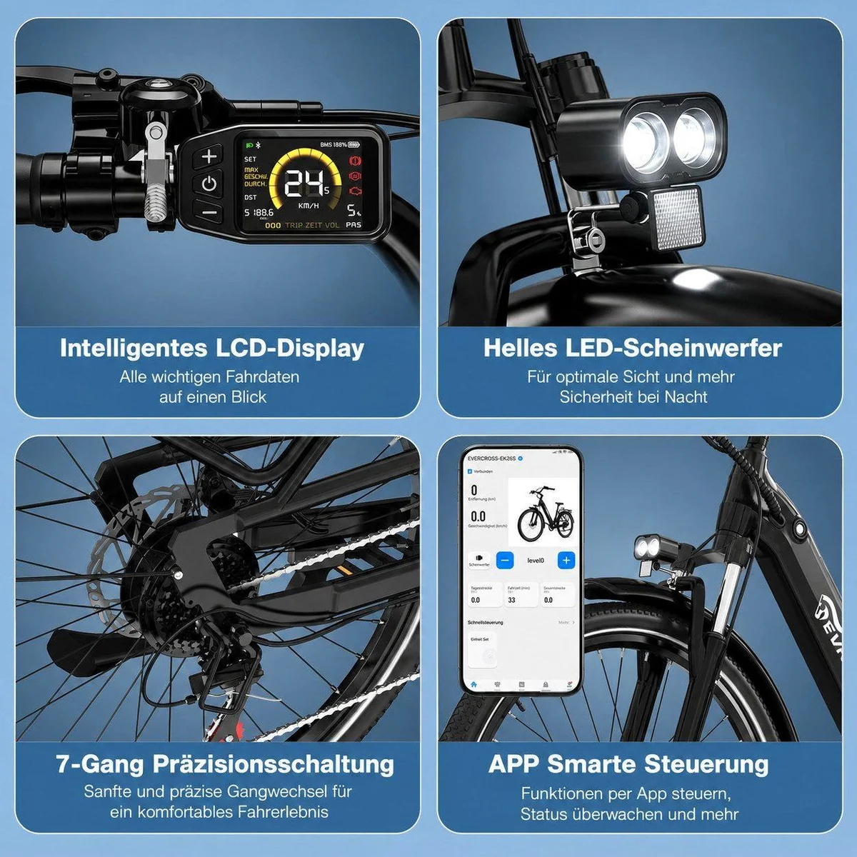 EVERCROSS TECH EK25 E-Bike, 100 km Reichweite, 7-Gang Shimano, Drehmomentsensor 4
