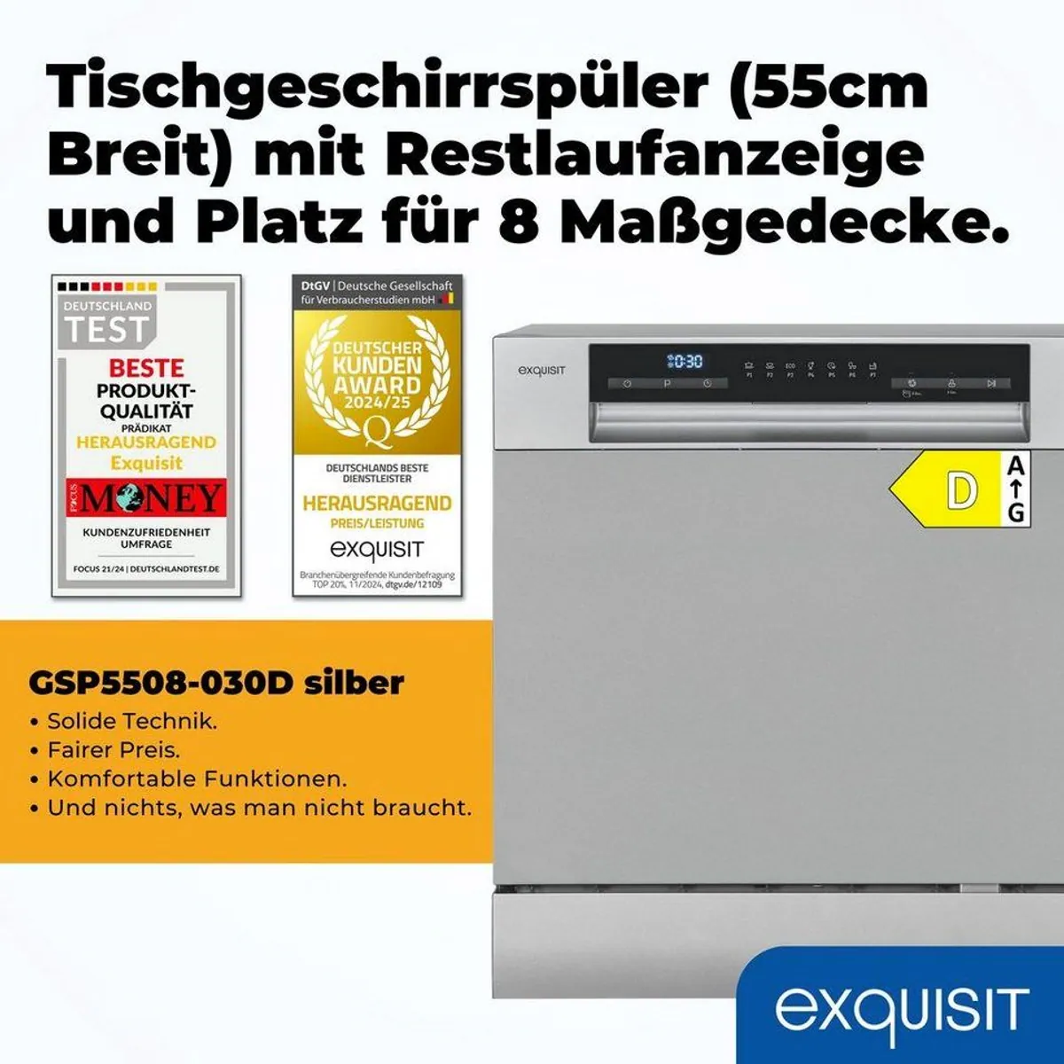 exquisit GSP5508-030D Tischgeschirrspüler, kompakt, 8 Maßgedecke, Auto-Door-Open 2