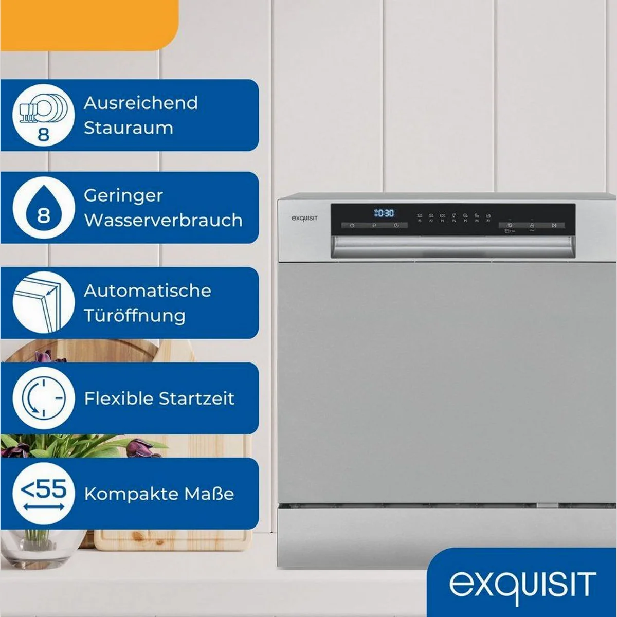 exquisit GSP5508-030D Tischgeschirrspüler, kompakt, 8 Maßgedecke, Auto-Door-Open 3