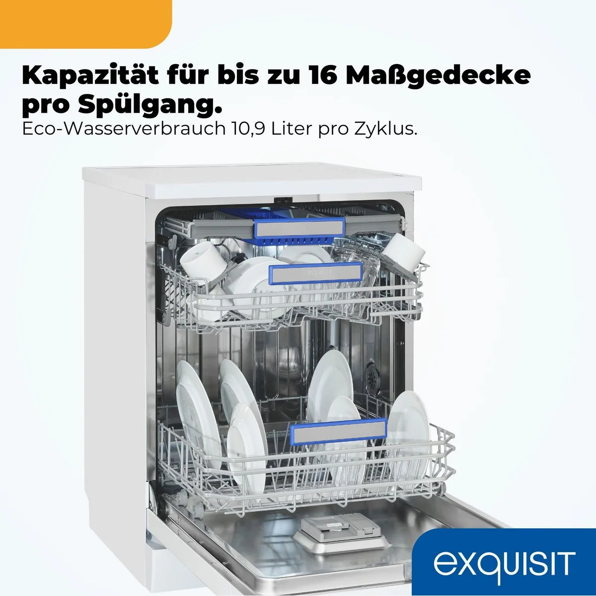 exquisit GSP9616-450B Standgeschirrspüler, 16 Maßgedecke, flüsterleise 44 dB, Energieeffizienzklasse B 3