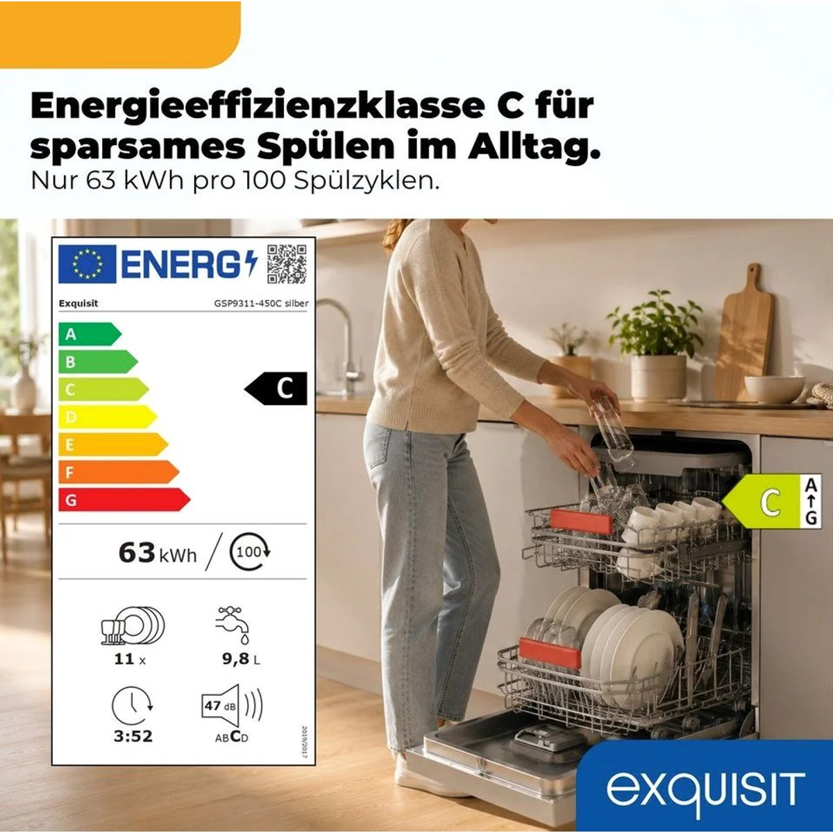 exquisit GSP9311-450C Standgeschirrspüler, 10 Maßgedecke, 7 Programme, AquaStop 3