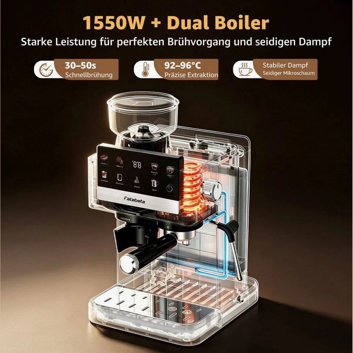 FATABETA Siebträgermaschine, 20 Bar Druck, 4 Programme, hochwertiges Mahlwerk 3