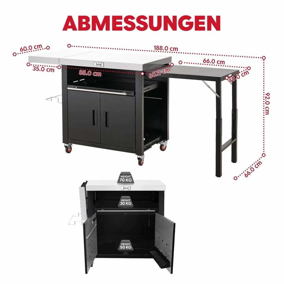 Feasto Servierwagen, multifunktional mit Schrank & klappbarem Beistelltisch — Edelstahlarbeitsfläche, großzügiger Stauraum, vielseitig einsetzbar 2