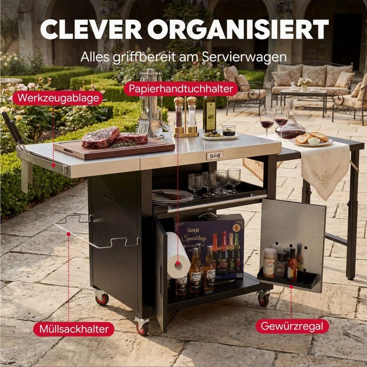 Feasto Servierwagen, multifunktional mit Schrank & klappbarem Beistelltisch — Edelstahlarbeitsfläche, großzügiger Stauraum, vielseitig einsetzbar 4