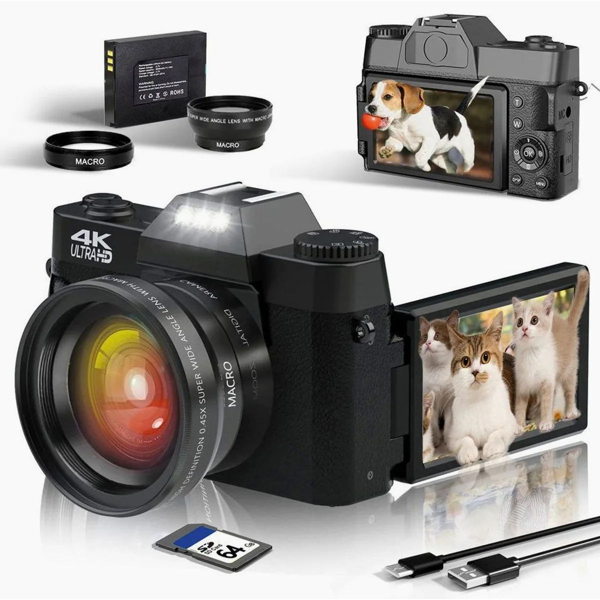 Fine Life Pro Digitalkamera 4K, 48 MP, 180° klappbarer Bildschirm, WiFi-Funktion