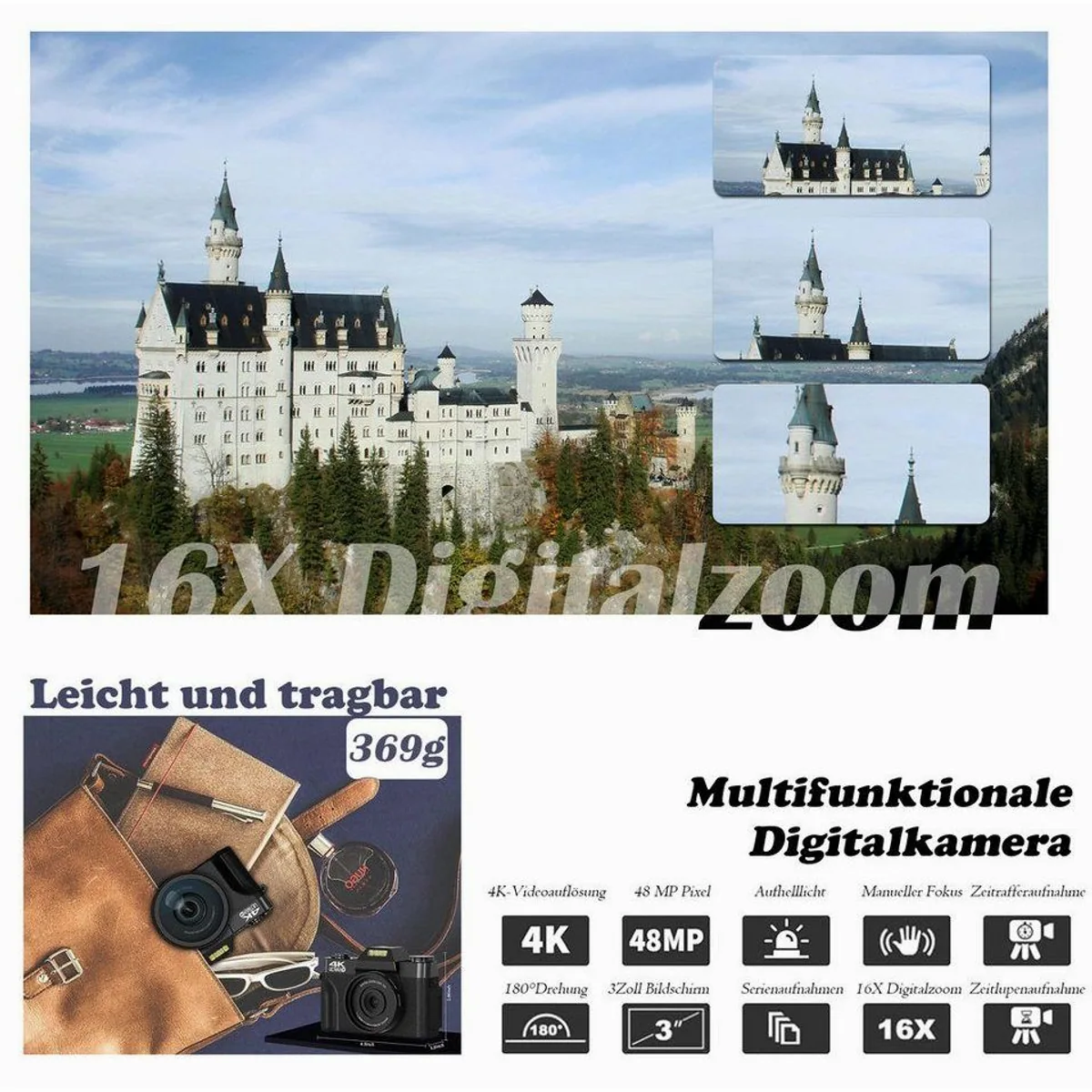 Fine Life Pro Digitalkamera 4K, 48 MP, 180° klappbarer Bildschirm, WiFi-Funktion 3