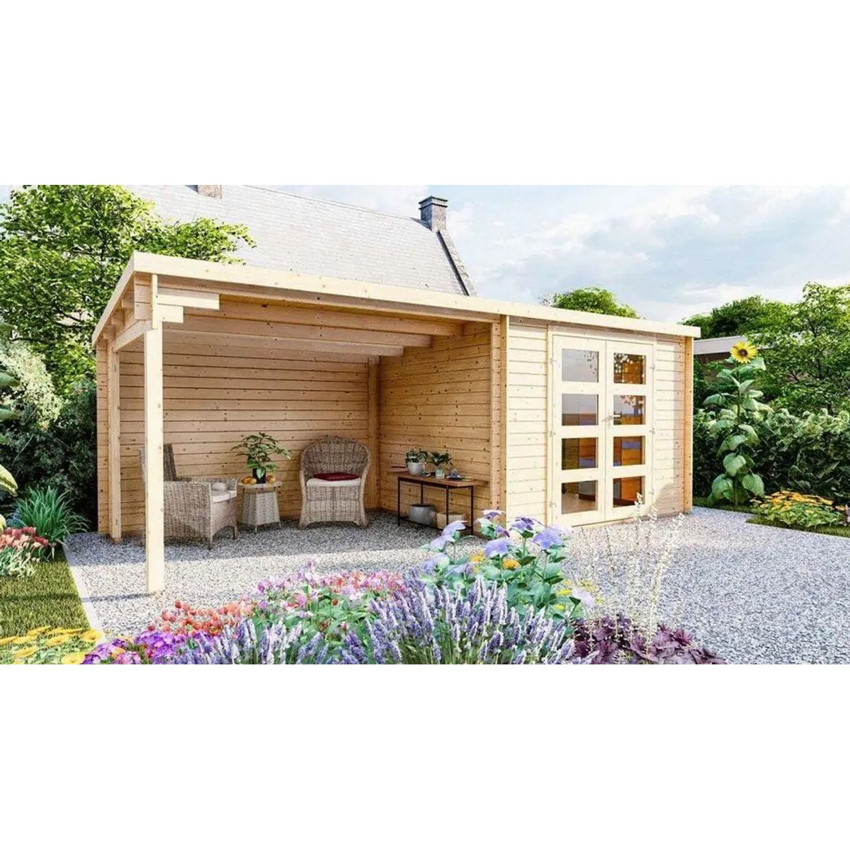 Finn Art Blockhaus Gartenhaus Funny 4, Flachdach, 28mm Wandstärke, 6x3m