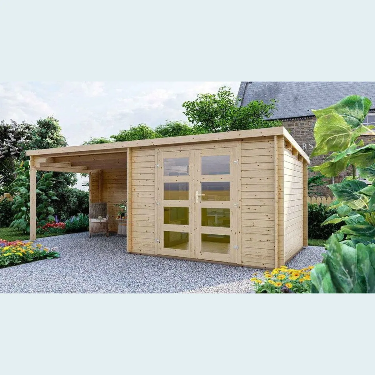 Finn Art Blockhaus Gartenhaus Funny 4, Flachdach, 28mm Wandstärke, 6x3m 2