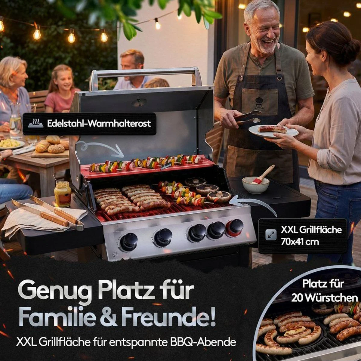 Flammenwerk FWGG.1354 Gasgrill, 17 kW Leistung, LED-Beleuchtung, Hot Zone, Seitenkochfeld