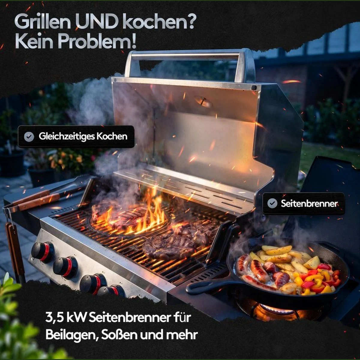 Flammenwerk FWGG.1354 Gasgrill, 17 kW Leistung, LED-Beleuchtung, Hot Zone, Seitenkochfeld 2