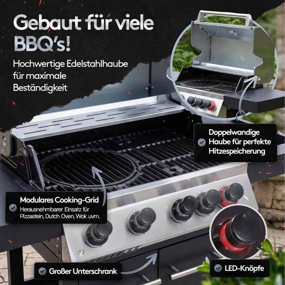 Flammenwerk FWGG.1354 Gasgrill, 17 kW Leistung, LED-Beleuchtung, Hot Zone, Seitenkochfeld 3