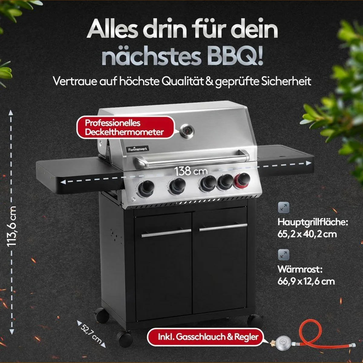 Flammenwerk FWGG.1354 Gasgrill, 17 kW Leistung, LED-Beleuchtung, Hot Zone, Seitenkochfeld 5