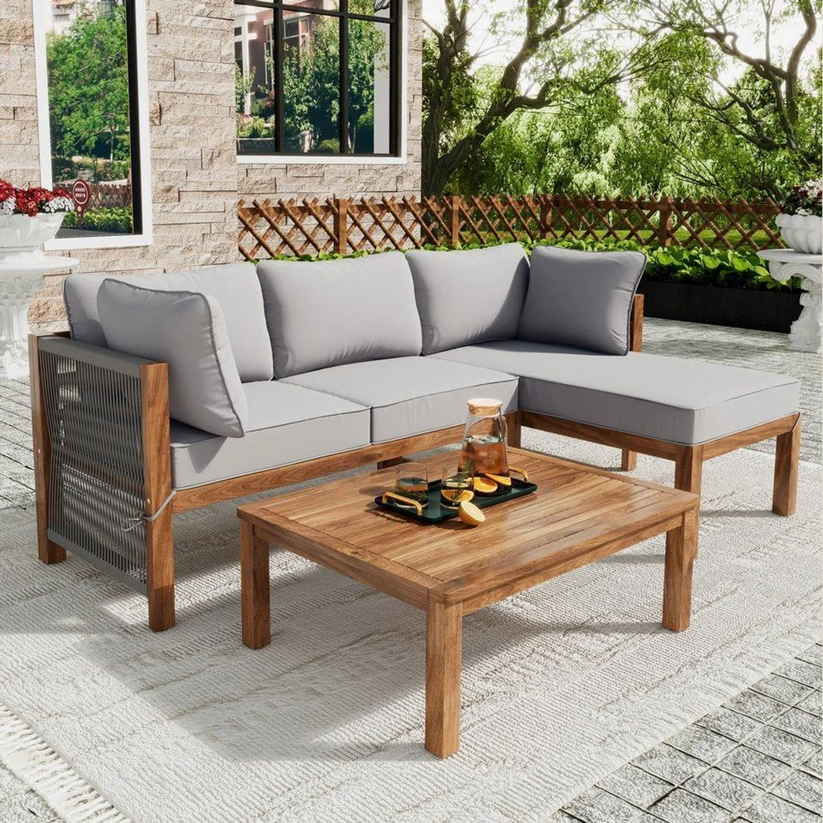 Flieks Gartenlounge-Set, L-förmig, 2 Sofas und Tisch aus Akazienholz