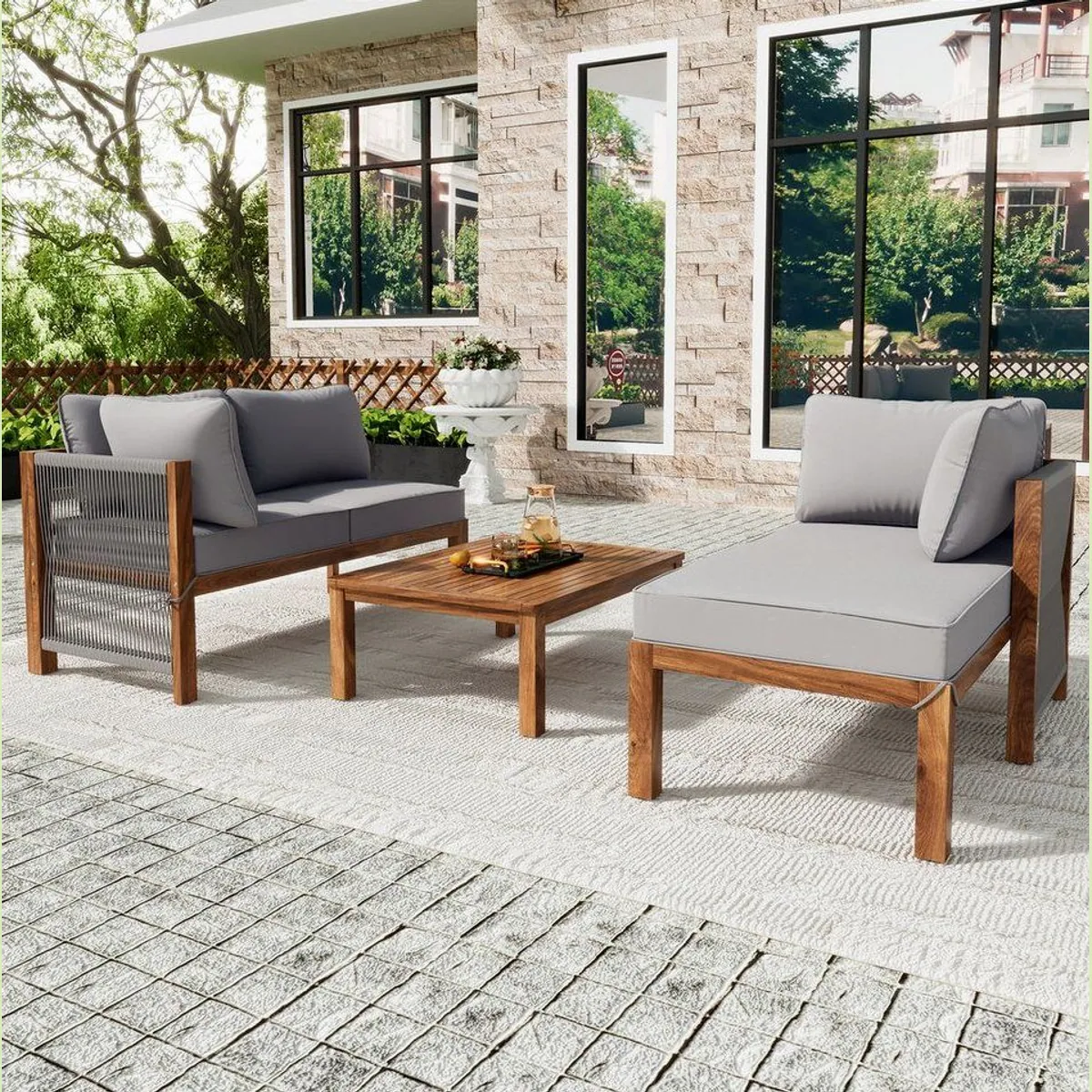 Flieks Gartenlounge-Set, L-förmig, 2 Sofas und Tisch aus Akazienholz 2