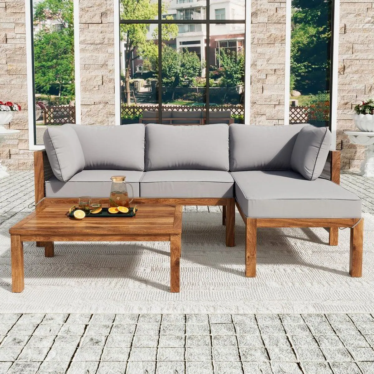 Flieks Gartenlounge-Set, L-förmig, 2 Sofas und Tisch aus Akazienholz 3