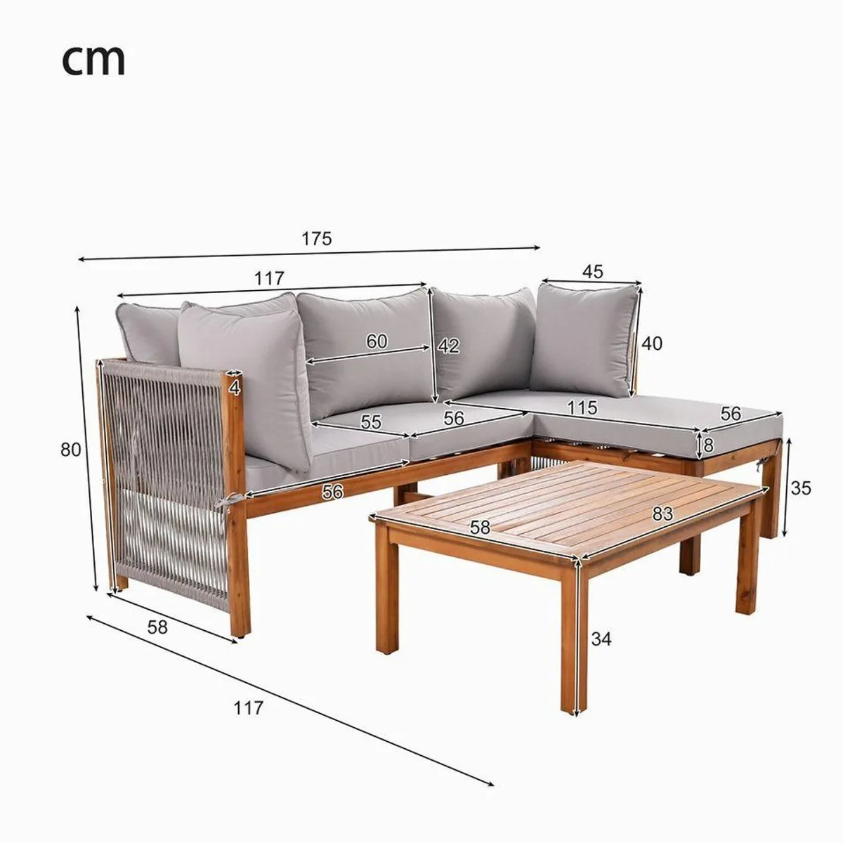 Flieks Gartenlounge-Set, L-förmig, 2 Sofas und Tisch aus Akazienholz 4