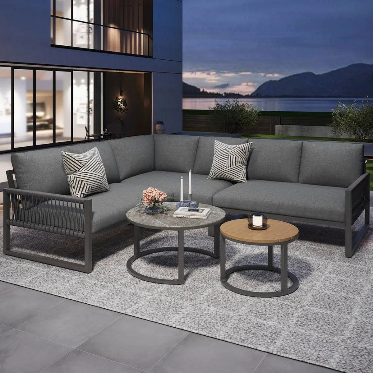 Flieks Gartenlounge-Set, 6-Sitzer Ecksofa aus Seil, 2 Tische inklusive Kissen