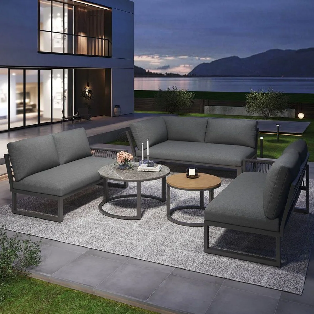 Flieks Gartenlounge-Set, 6-Sitzer Ecksofa aus Seil, 2 Tische inklusive Kissen 2