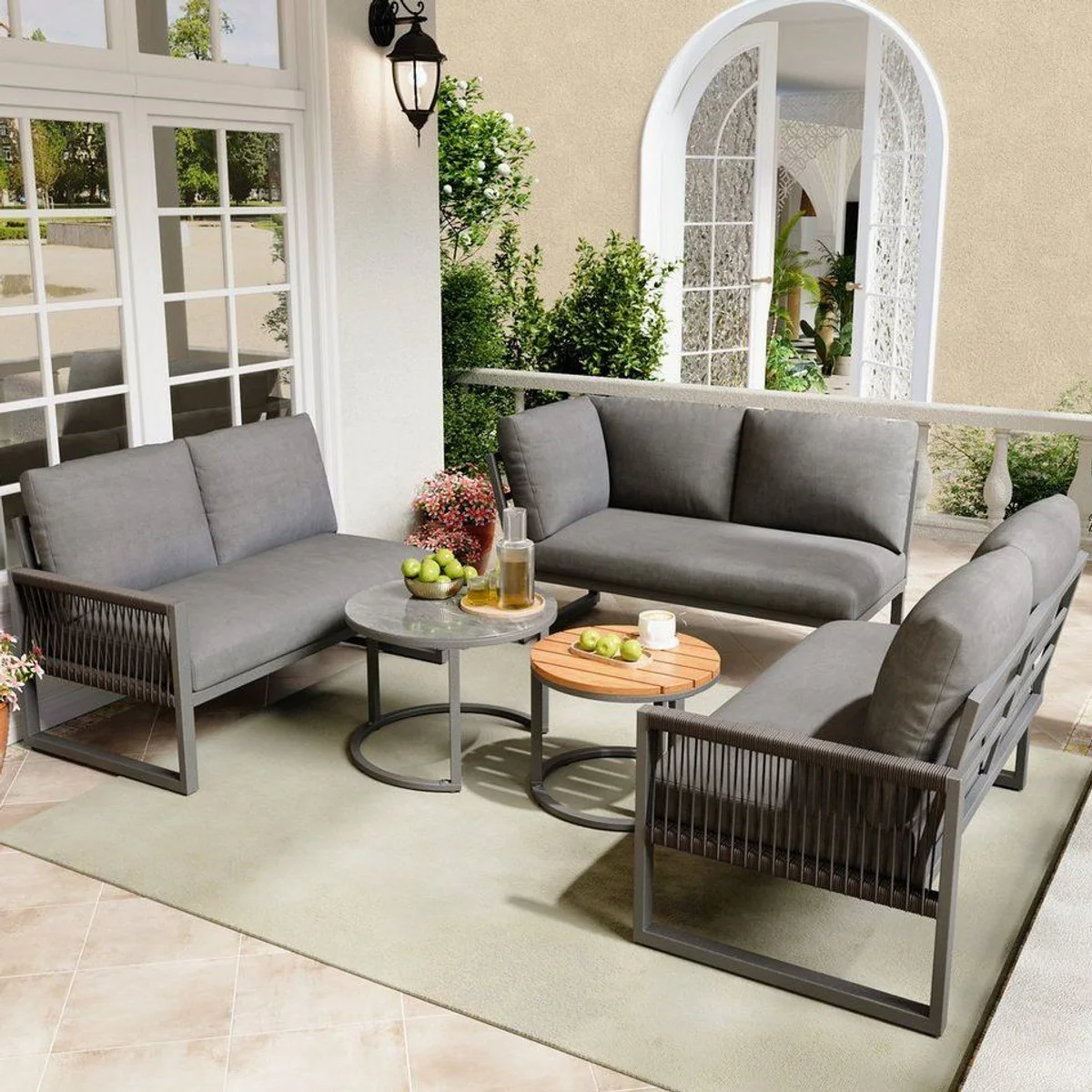 Flieks Gartenlounge-Set, 6-Sitzer Ecksofa aus Seil, 2 Tische inklusive Kissen 3