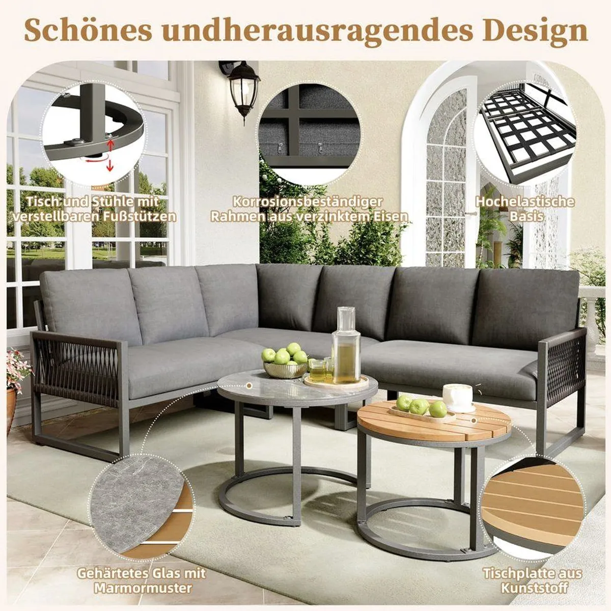 Flieks Gartenlounge-Set, 6-Sitzer Ecksofa aus Seil, 2 Tische inklusive Kissen 4