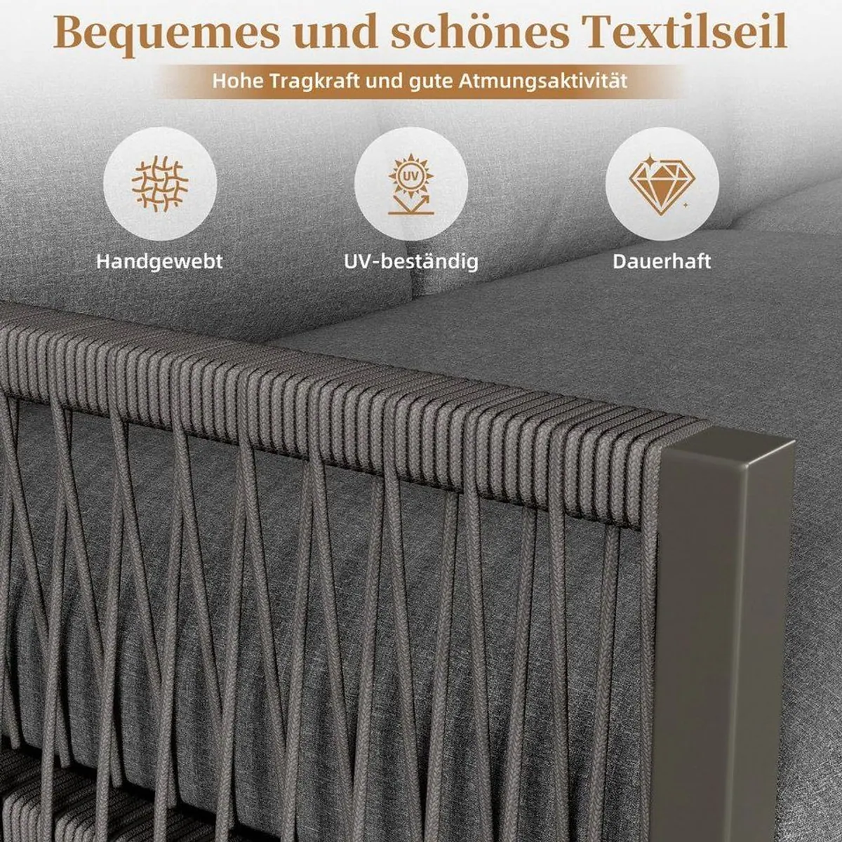 Flieks Gartenlounge-Set, 6-Sitzer Ecksofa aus Seil, 2 Tische inklusive Kissen 5
