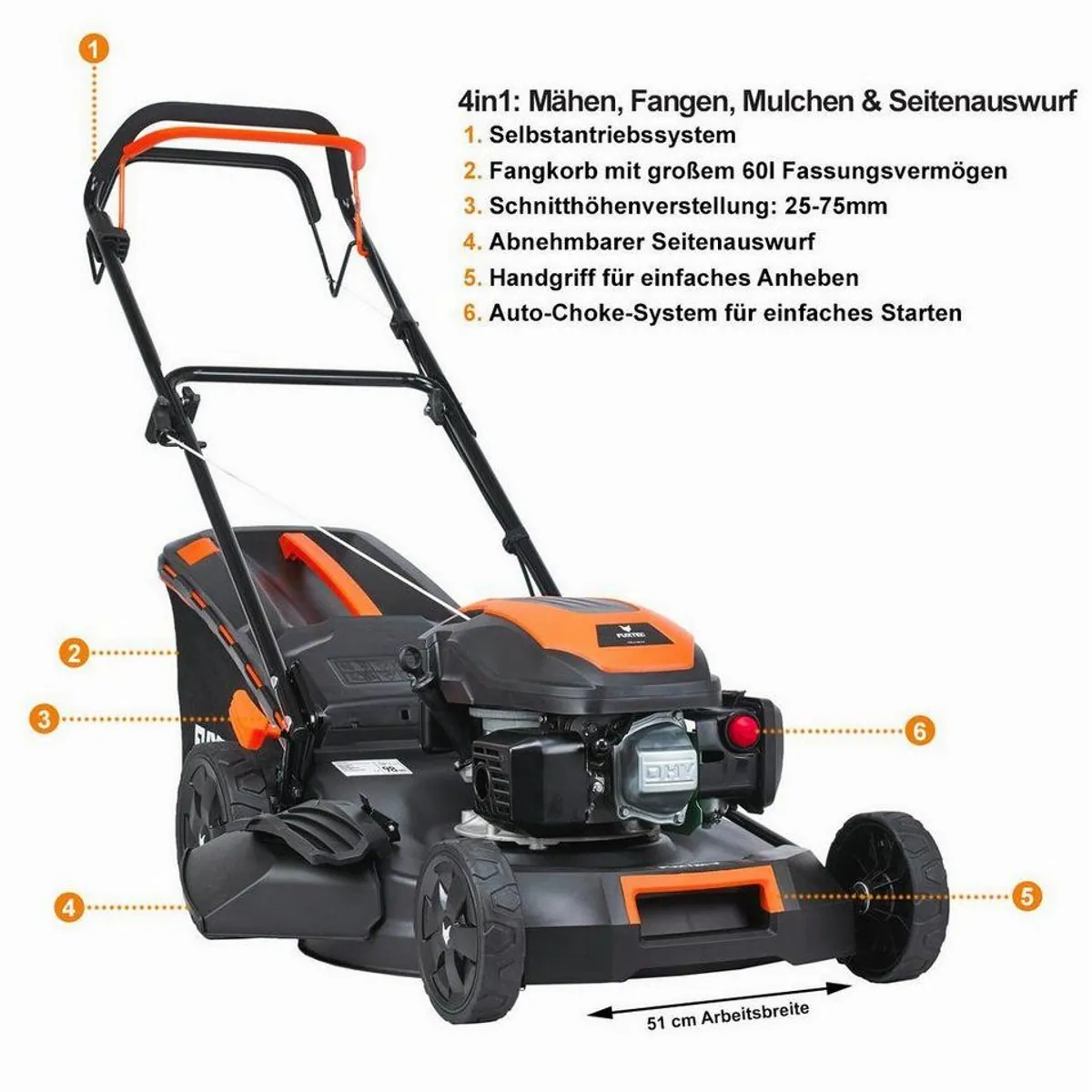 FUXTEC FX-RM5170 Benzinrasenmäher, 51 cm Schnittbreite, 4in1 Funktion — leistungsstark, robust, komfortabel 4