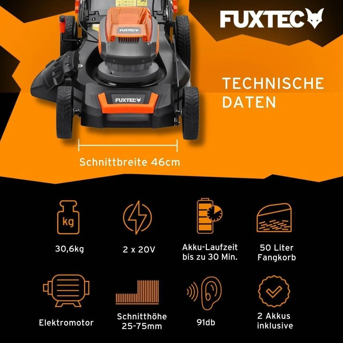 FUXTEC E2RM46SET Akkurasenmäher, 46 cm Schnittbreite, 2x 20V Akku, 50L Fangkorb 3