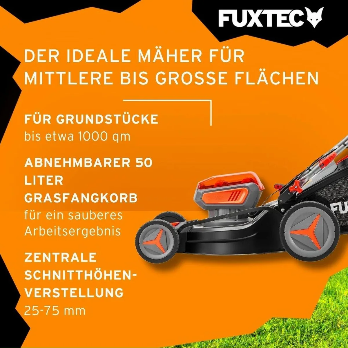 FUXTEC E2RM46SET Akkurasenmäher, 46 cm Schnittbreite, 2x 20V Akku, 50L Fangkorb 5