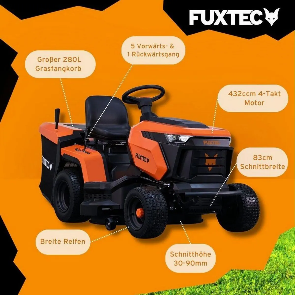 FUXTEC FX-RMT84M Rasentraktor, 83 cm Schnittbreite, 30-90 mm Schnitthöhe 4