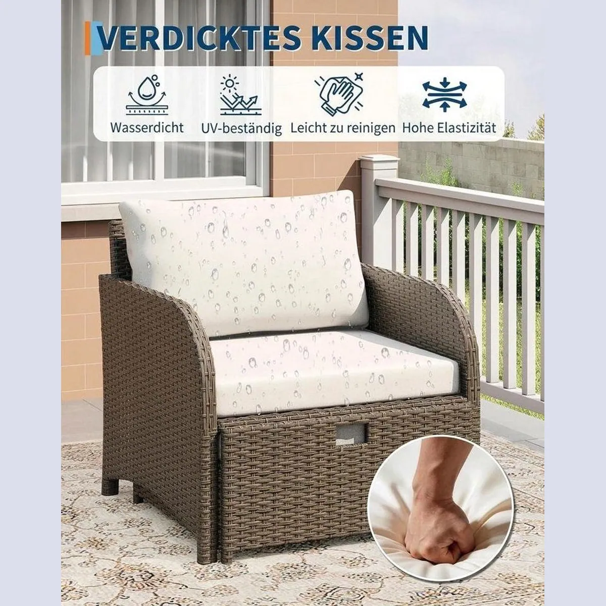 GarveeMore Gartenlounge-Set, 5-teilig mit Tisch und Hockern — elegantes Rattan, hoher Sitzkomfort, vielseitig einsetzbar 2