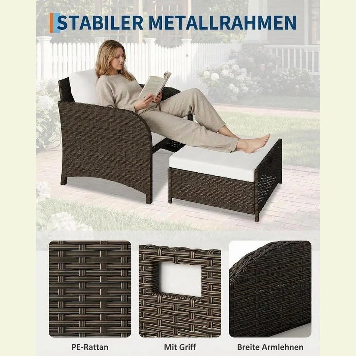 GarveeMore Gartenlounge-Set, 5-teilig mit Tisch und Hockern — elegantes Rattan, hoher Sitzkomfort, vielseitig einsetzbar 3