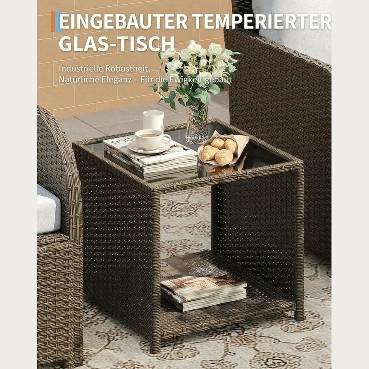 GarveeMore Gartenlounge-Set, 5-teilig mit Tisch und Hockern — elegantes Rattan, hoher Sitzkomfort, vielseitig einsetzbar 4
