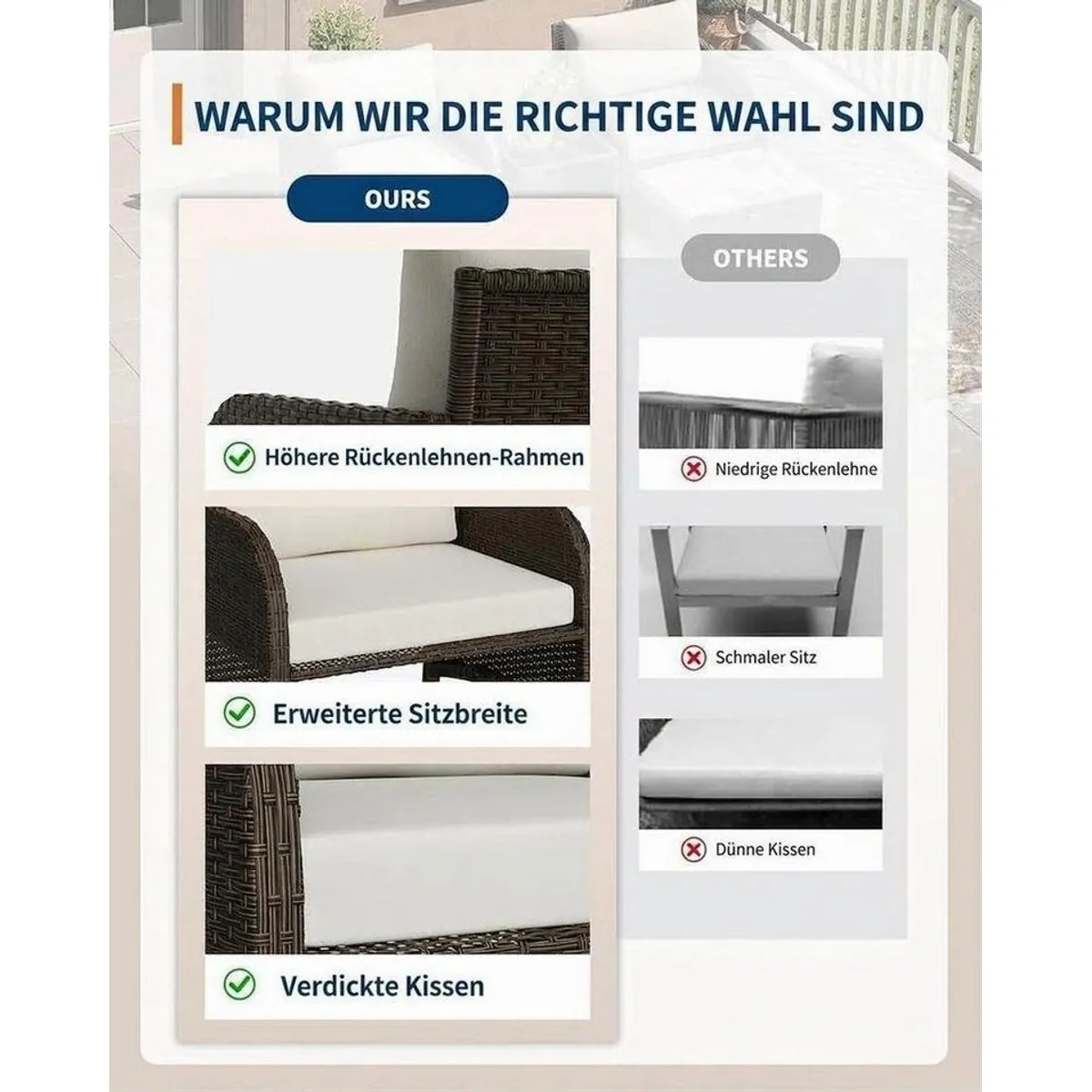 GarveeMore Gartenlounge-Set, 5-teilig mit Tisch und Hockern — elegantes Rattan, hoher Sitzkomfort, vielseitig einsetzbar 5