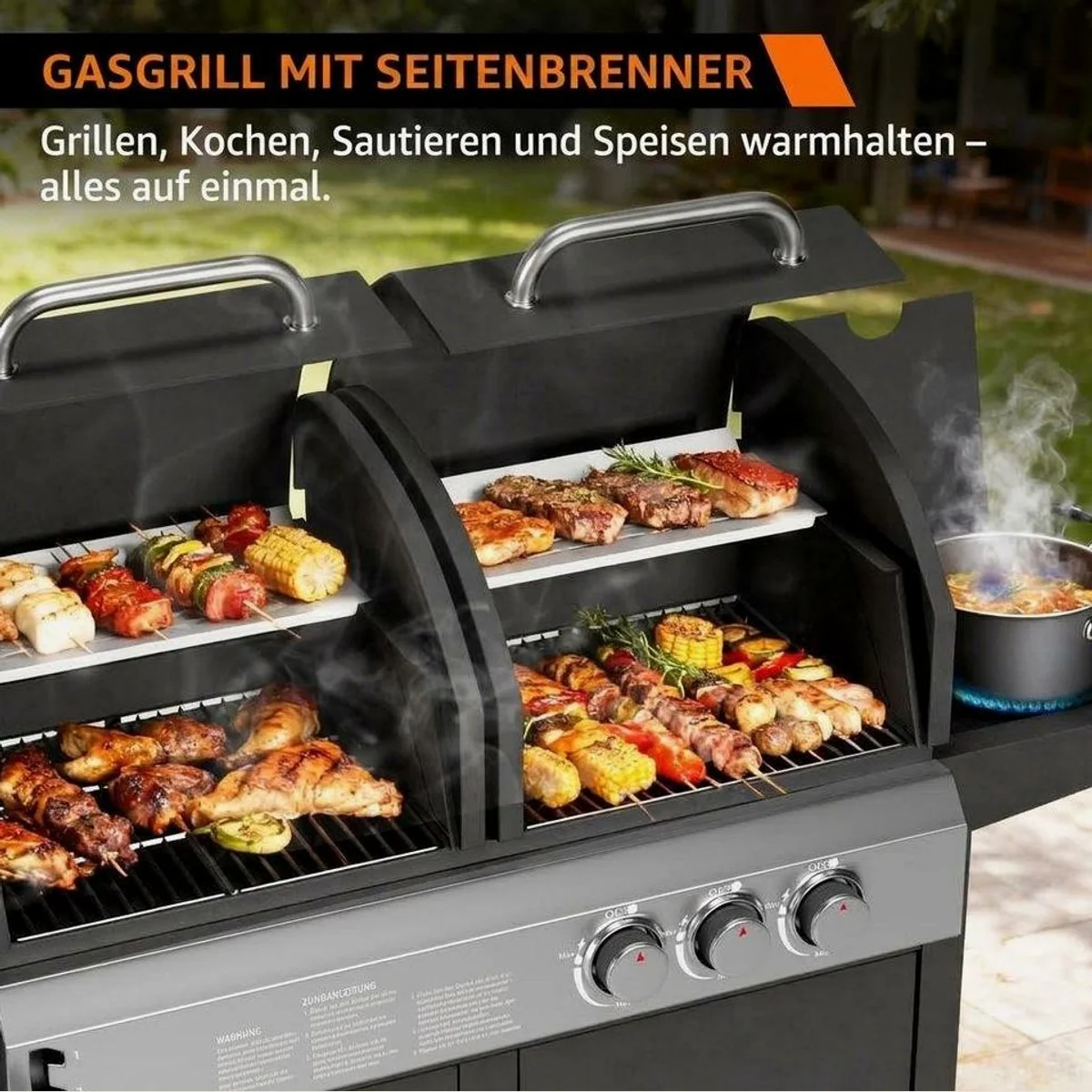 GarveeMore Standgrill Gasgrill 3 Brenner, 24.000 BTU, Doppelhaube für vielseitige BBQ-Kreationen 3