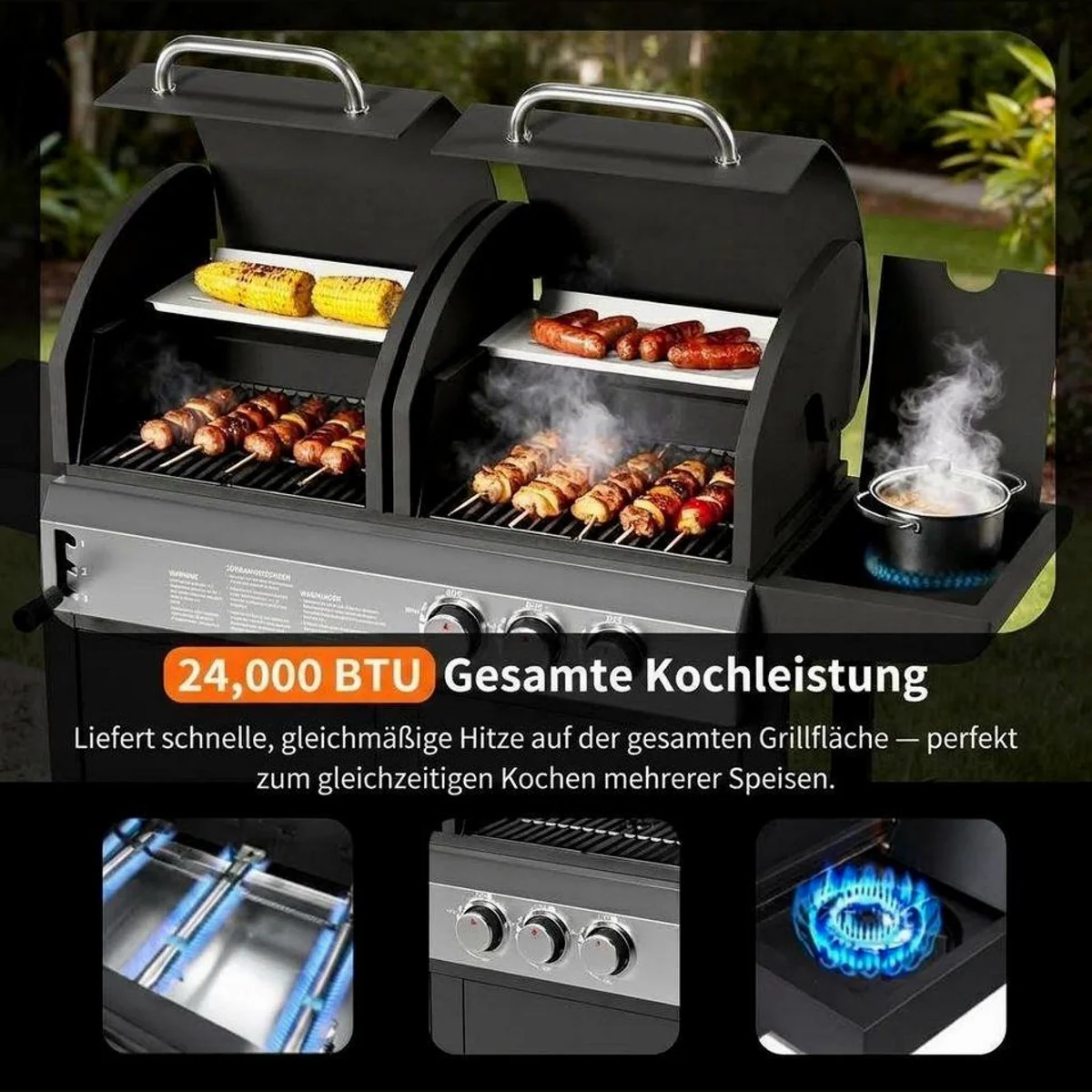 GarveeMore Standgrill Gasgrill 3 Brenner, 24.000 BTU, Doppelhaube für vielseitige BBQ-Kreationen 4
