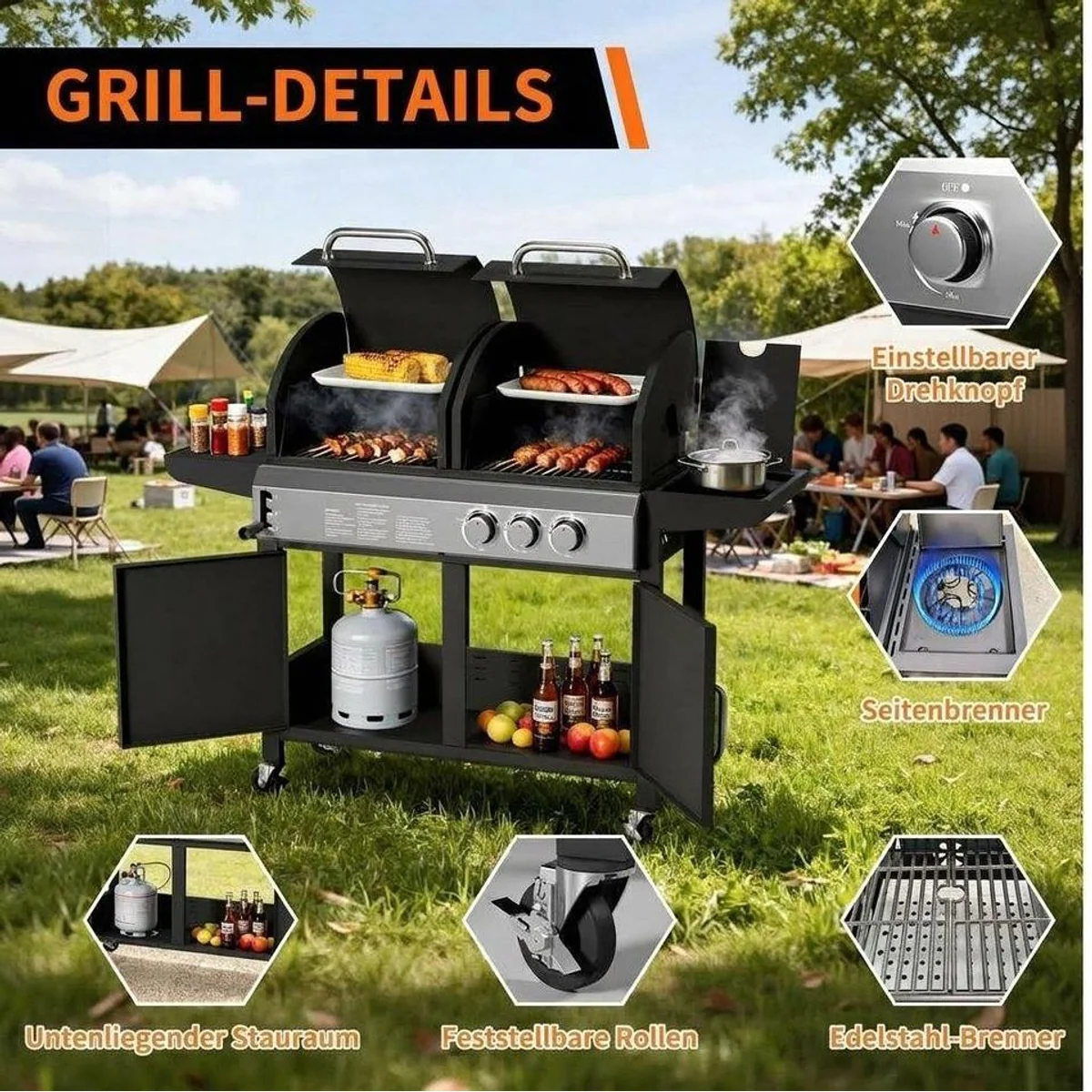 GarveeMore Standgrill Gasgrill 3 Brenner, 24.000 BTU, Doppelhaube für vielseitige BBQ-Kreationen 5