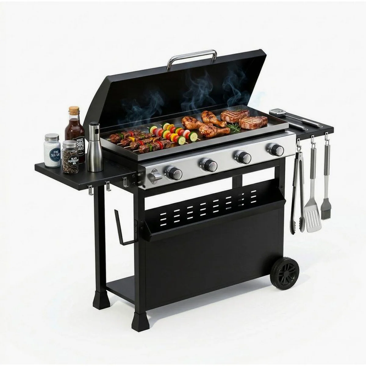 GarveeMore Gasgrill 4 Brenner, 32000 BTU, inklusive Deckel und Seitenablagen
