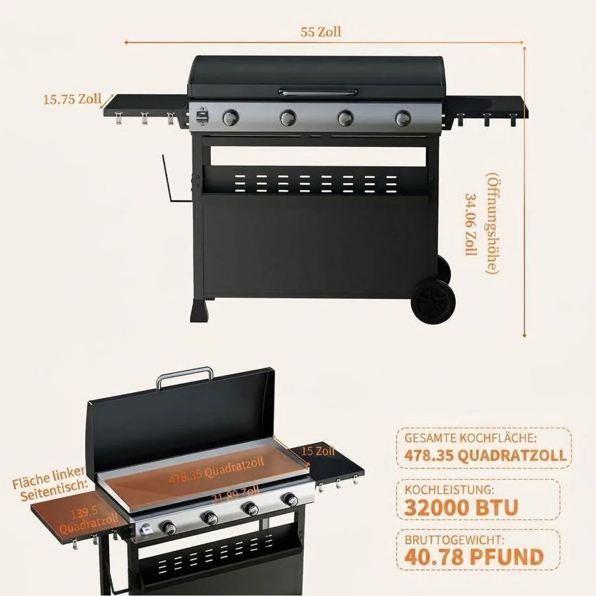 GarveeMore Gasgrill 4 Brenner, 32000 BTU, inklusive Deckel und Seitenablagen 2