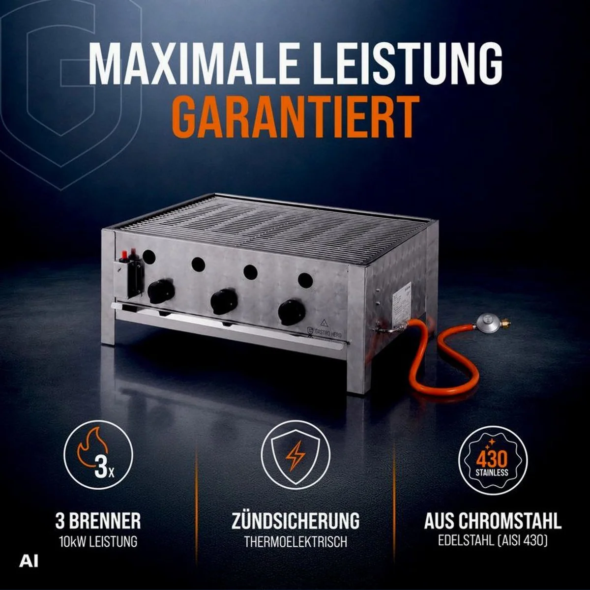 GastroHero Gasgrill Tischbräter, 3 Brenner, robust und vielseitig 2
